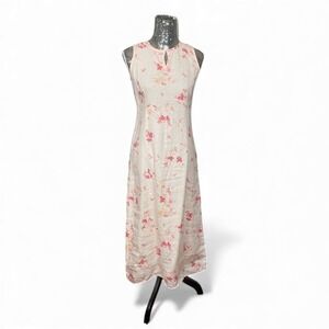 Vintage Cottagecore Pink Linen Maxi A-Line Watercolor Floral Sleeveless Dress XS